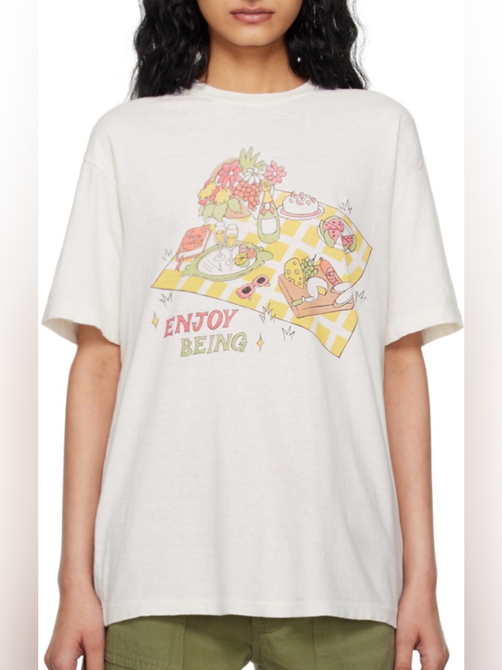 Re/Done Cream Picnic Graphic Tee with Yellow and Red Print